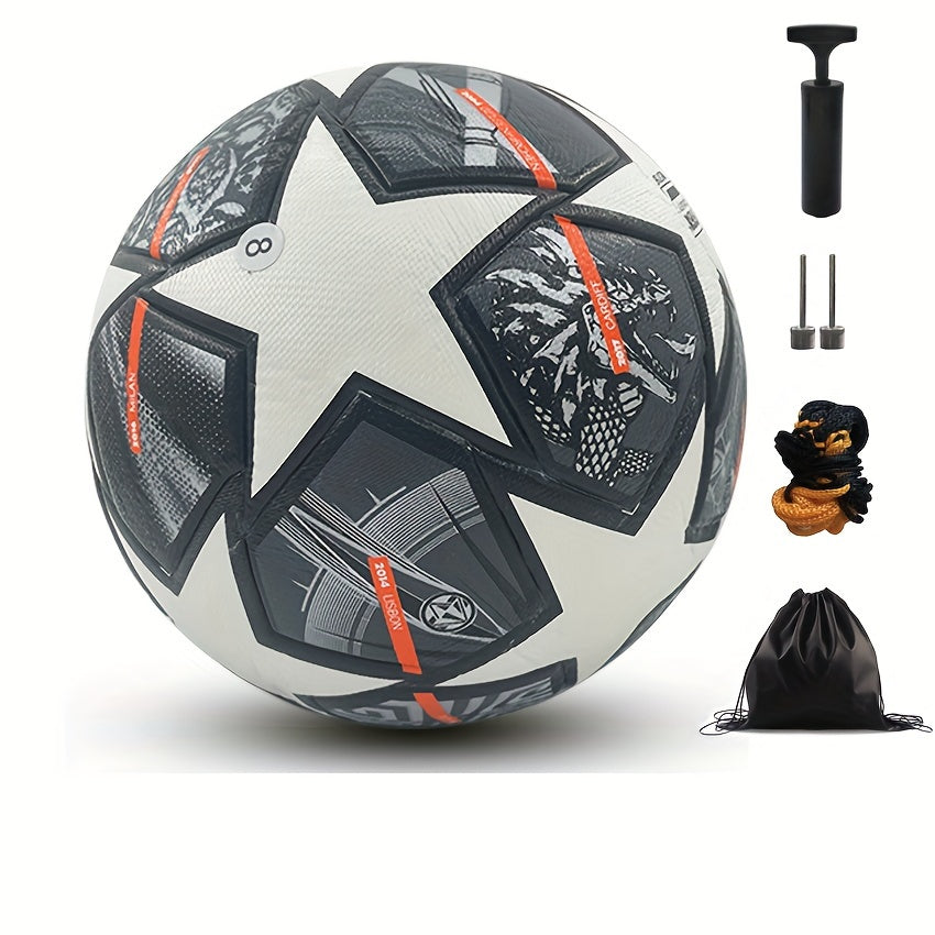 Size 5 faux leather soccer ball with seamless, thermal-bonded black and white design. Includes inflation pump, net, and accessories. Suitable for official matches and training. High-quality