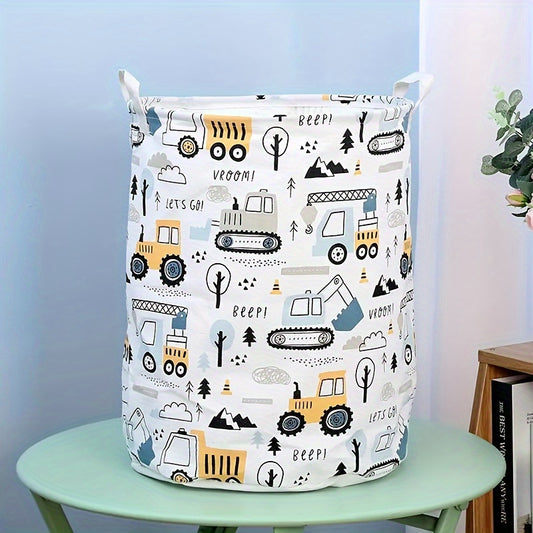 Portable laundry basket with cartoon print, perfect for storing dirty clothes and toys at home.