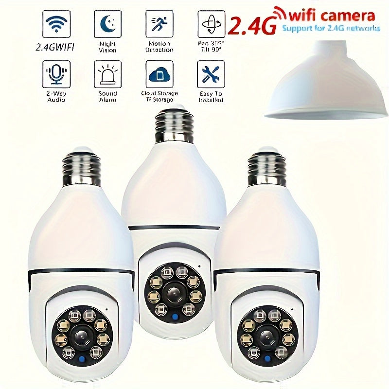 One unit of the Bulb Safety Camera, featuring 1080P resolution and wireless 2.4GHz connectivity, can be used indoors and outdoors. This smart camera is designed to be easily screwed into an E27 bulb socket and offers PTZ functionality with a 355-degree