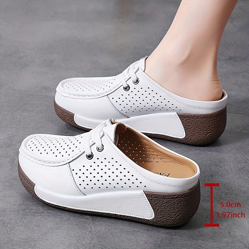 Women's Summer Slip-On Mule Shoes, Hollow-Out White Sneakers with Wedge Heel, Casual and Comfortable