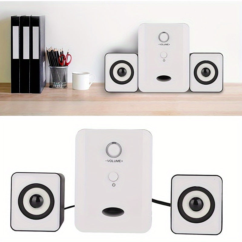 USB-powered desktop speakers with adjustable volume and bass, portable soundbar and subwoofer combo for PC, laptop, and tablet, stylish stereo audio for home cinema in black or white.