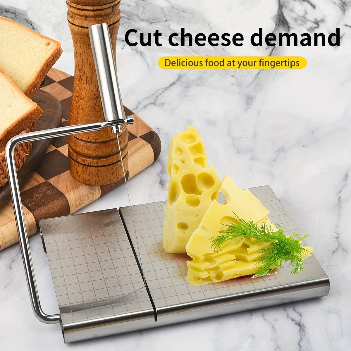 Featuring 6 pieces with 5 cutting lines, this stainless steel cheese slicer is adjustable and thickened for optimal slicing of cheese, ham, and other foods. With an ergonomic handle, this metal cheese slicer is suitable for block cheeses and is a