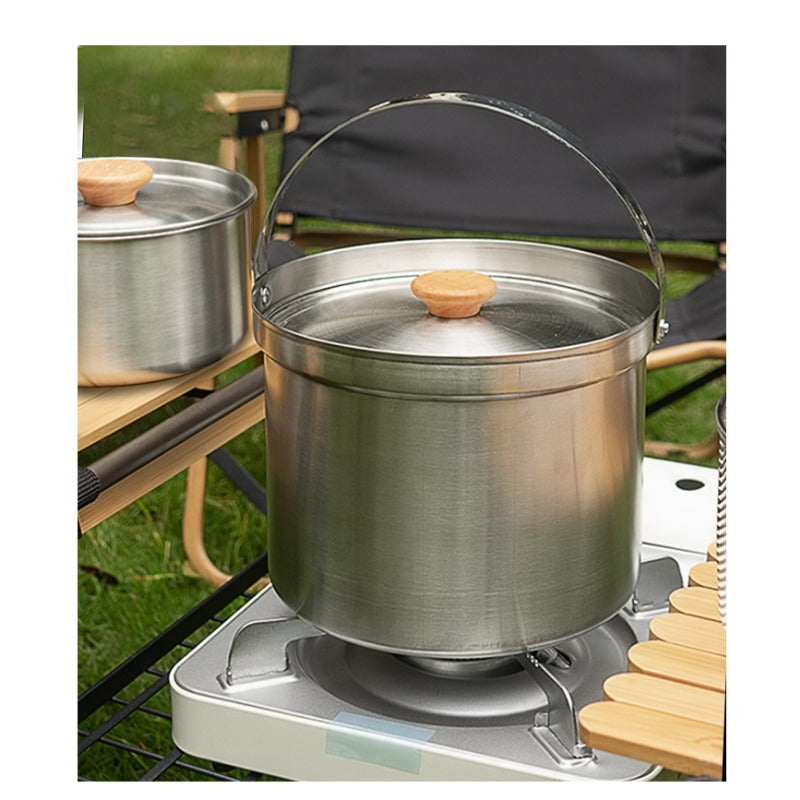 Stainless Steel Camping Cookware Set with 22 Pieces - High-Quality 304 Stainless Steel Outdoor Kitchen Utensils featuring Foldable Handles. Complete with Bowls, Plates, Skillet, Fry Pan and More. Ideal for Picnics, Road Trips, Camping and Home Use.