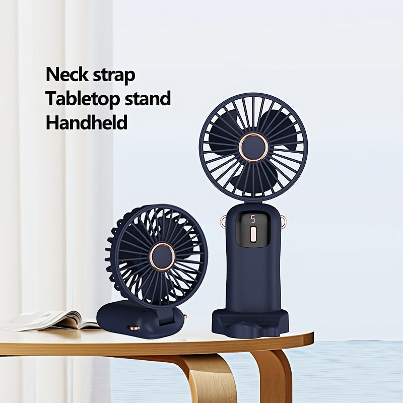 Rechargeable USB Handheld Fan with Quiet Operation and Foldable Neck Design, Ideal for Desk, Office, Bedroom, Outdoor Travel, Camping, and School. Features High-Velocity Cooling, 1200mAh Lithium Battery, Wearable Design, and Easy Button Control. Perfect