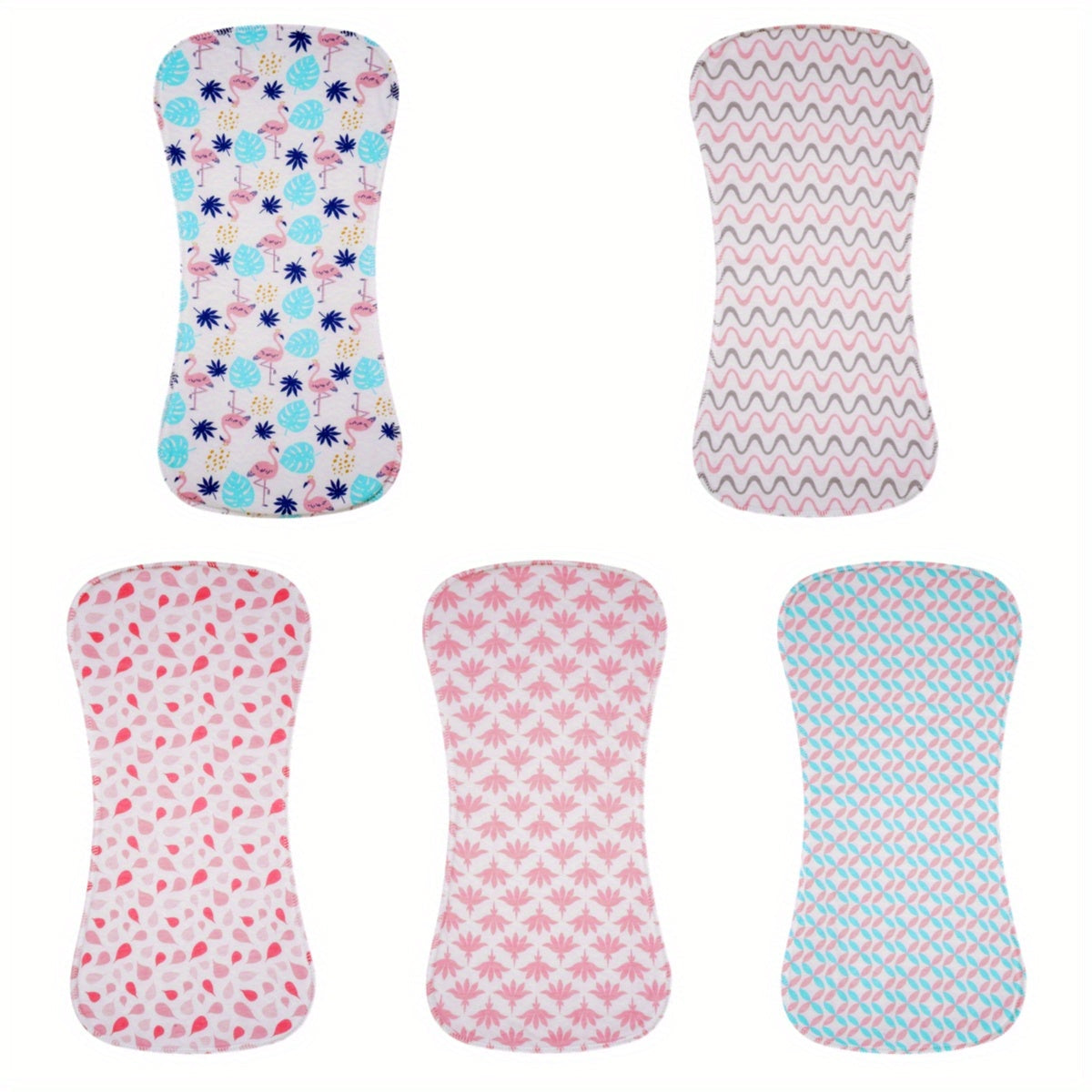 Five-pack of extra absorbent cotton baby burp cloths, designed for maximum softness for baby boys and girls.