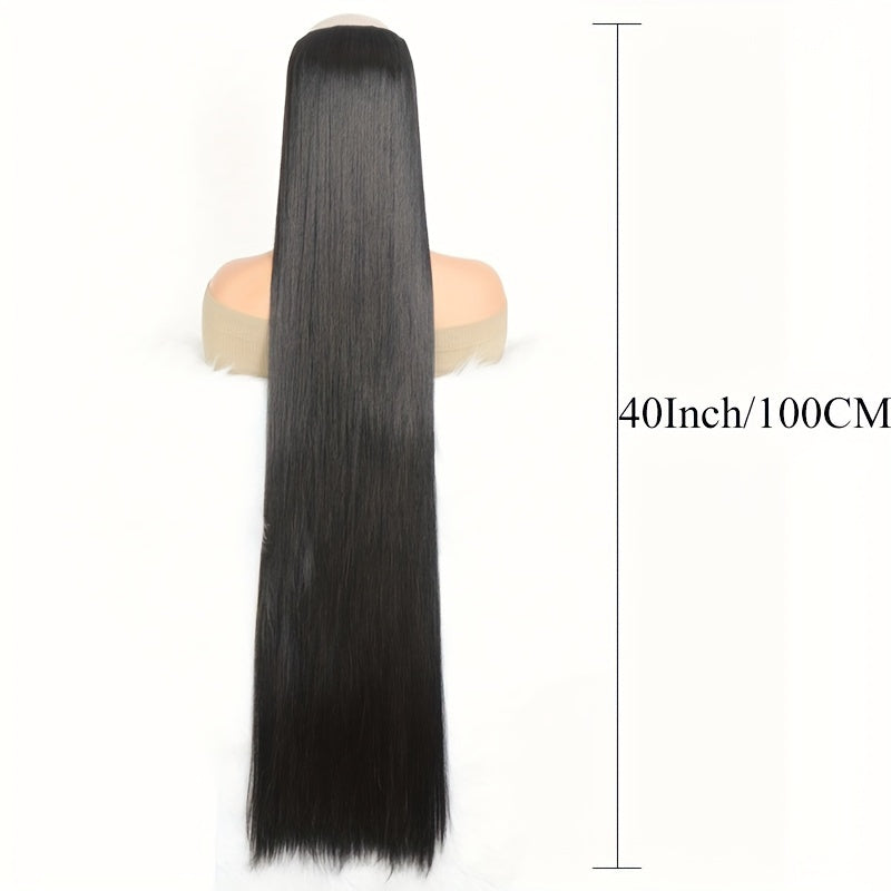 Synthetic Super Long 5 Clip In Hair Extension in Black/Brown/Blonde, extra-long straight hair, one-piece fake hairpiece for women. Available in lengths from 50cm to 100cm, ideal for daily