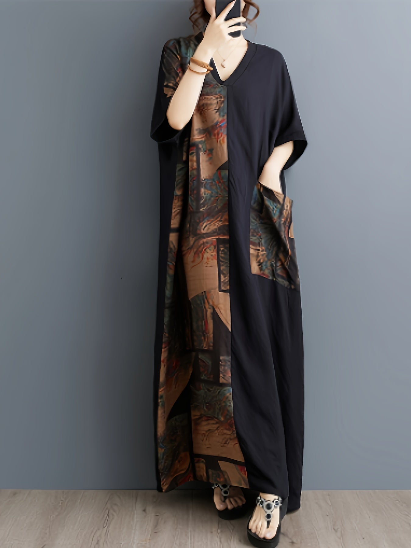 Women's Casual Viscose Patchwork Dressing Gown in non-stretch woven fabric with pocket details, suitable for spring/summer/fall season in adult size.