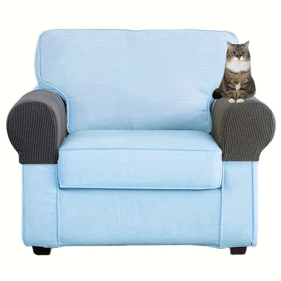 2 Stretch Armrest Covers made of durable spandex blend with plush texture. Scratch & dust resistant, and machine washable. Fits single to four-seater sofas & recliners in various colors.