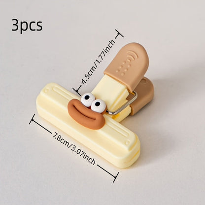 Set of 3 Adorable Cartoon Snack Clips, Versatile Food Sealers, Keep Food Fresh with Moisture-Proof Storage Clips for Kitchen, Office, School - Plastic Clips for Sealing Food Bags in Home Kitchen Storage Collection.