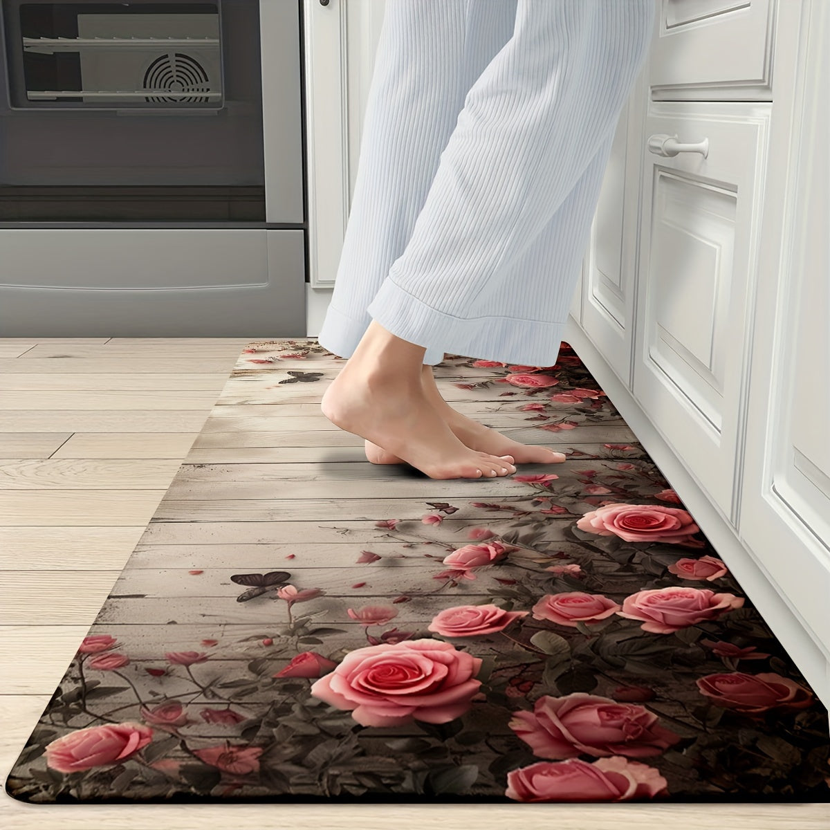 Set of 1 or 2 Rose And Wood Wall Pattern Kitchen Mats, Non-Slip and Sturdy Bathroom Pads for Floors, Soft Standing Runner Rugs, Carpets for Kitchen, Home, Office, Laundry Room, Bathroom, Perfect for Spring Decor