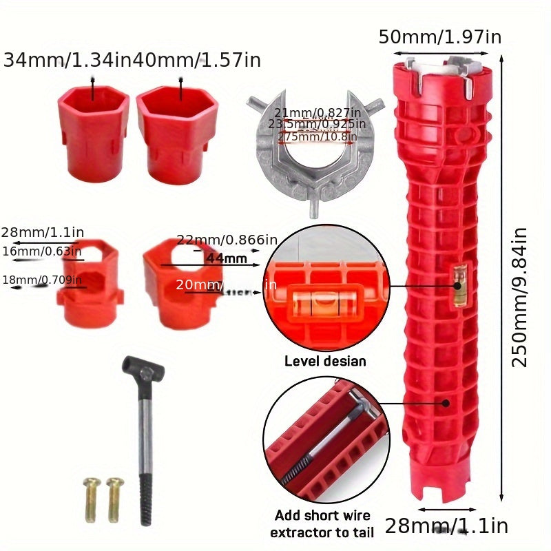 Multi-function sink and faucet repair wrench with 14 uses, made of durable ABS with anti-slip long handle for kitchen and bathroom plumbing.