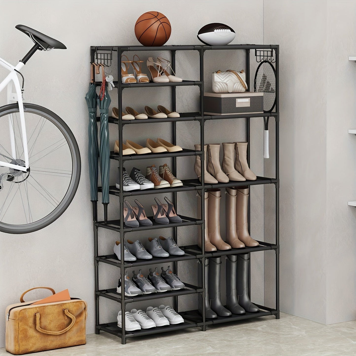 Description: This black shoe rack has a tall design with a large capacity for up to 24-35 pairs of shoes. It features two rows of multifunctional hooks for added organization and storage. Perfect for organizing your shoes in the garage or any other