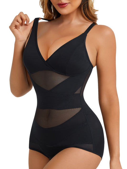 Shapewear bodysuit for women with removable pads, deep V neck, firm tummy control, breathable mesh, butt lifter, all-day wear.