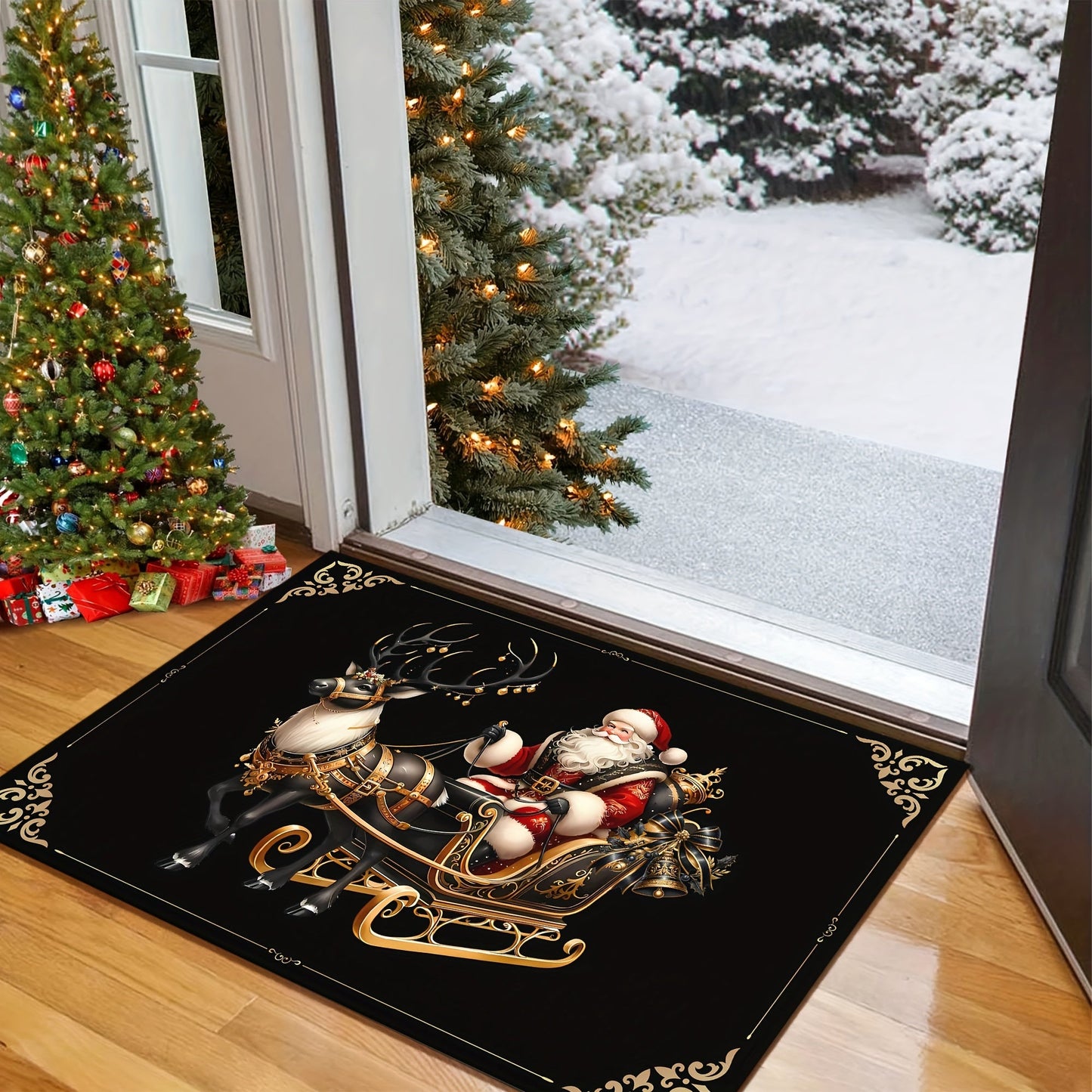 Get in the holiday spirit with our Merry Christmas Welcome Doormat! This 6mm thick mat is non-slip and machine washable, featuring a black and golden elk design that is perfect for adding a festive touch to your home decor. Ideal for Christmas