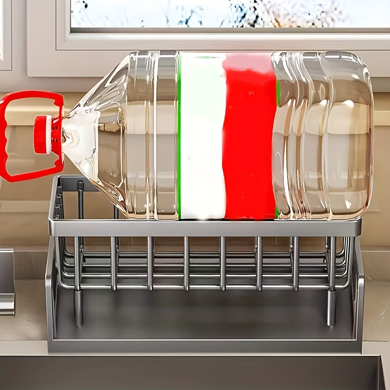 Space-Saving Metal Kitchen Sink Organizer: This durable dish rack includes a drainage basket for efficient cleaning tool storage. It features a cloth holder and cup organizer. Please note that the plastic used is not food-safe. Perfect for drying dishes