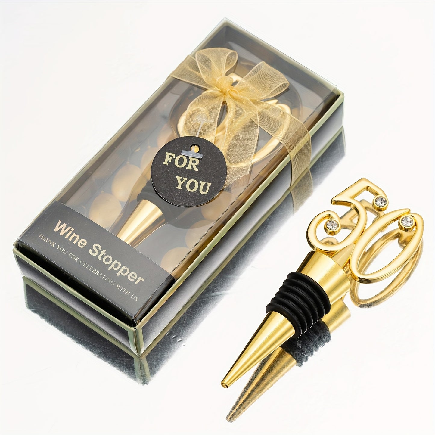 Elegant golden wine stoppers with gemstone accents - perfect for anniversaries, birthdays, holidays, and gifts for wine lovers. Made of zinc alloy.