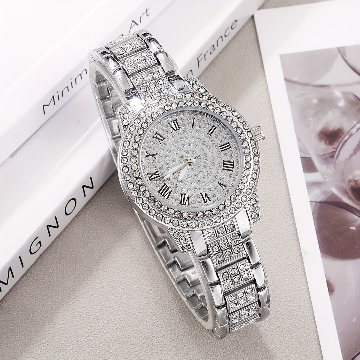 6pcs Elegant Women's Quartz Watch & Jewelry Set with Faux Diamonds - Bohemian Style, Alloy Roman Numerals Wristwatch with Crystal Accessories - Perfect Vintage Gift for Her