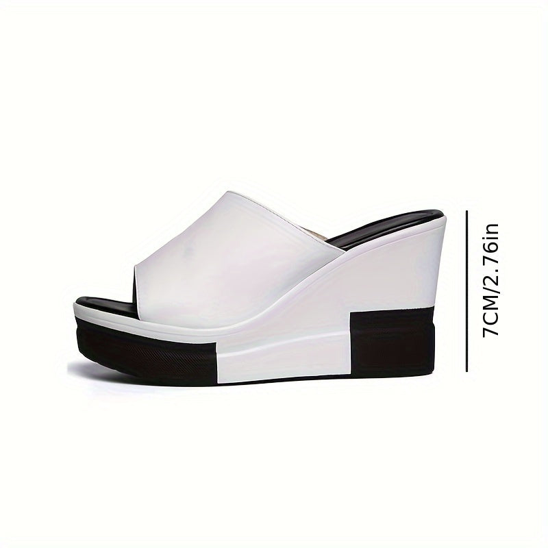 Black & white peep-toe wedge sandals with thick sole and faux cover straps for summer comfort