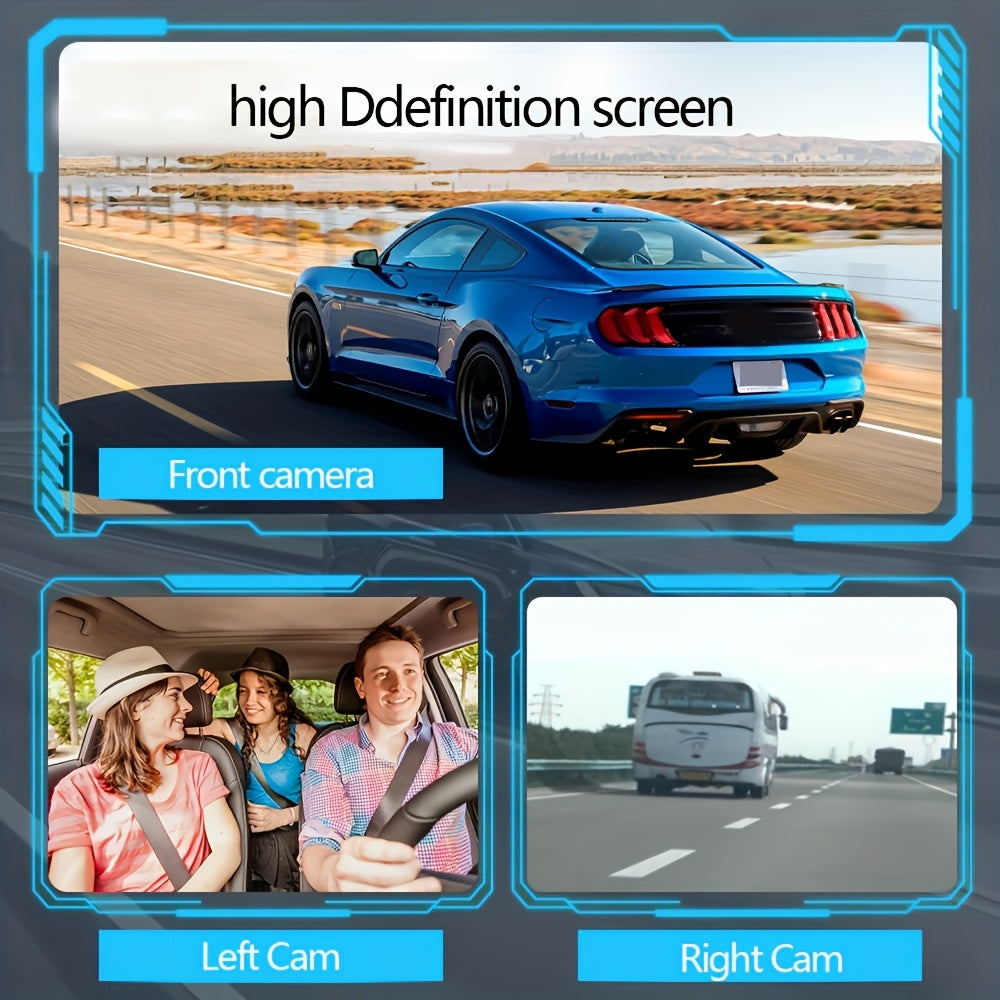 3-channel car dash cam with front, right, and left cameras, night vision, parking monitor.