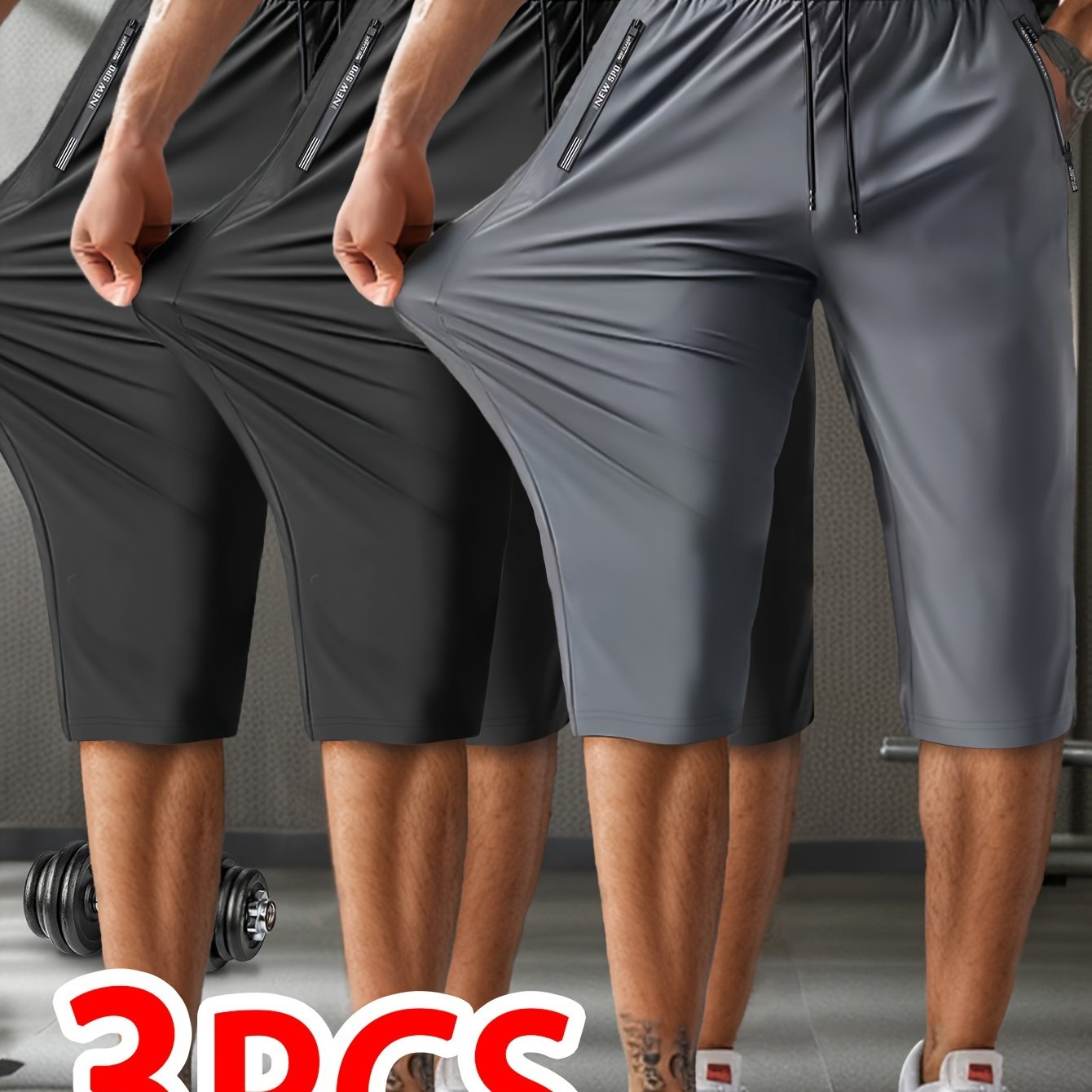 3 Summer Breathable High-Elastic Drawstring Zip Pocket Men's Sports Capri Pants