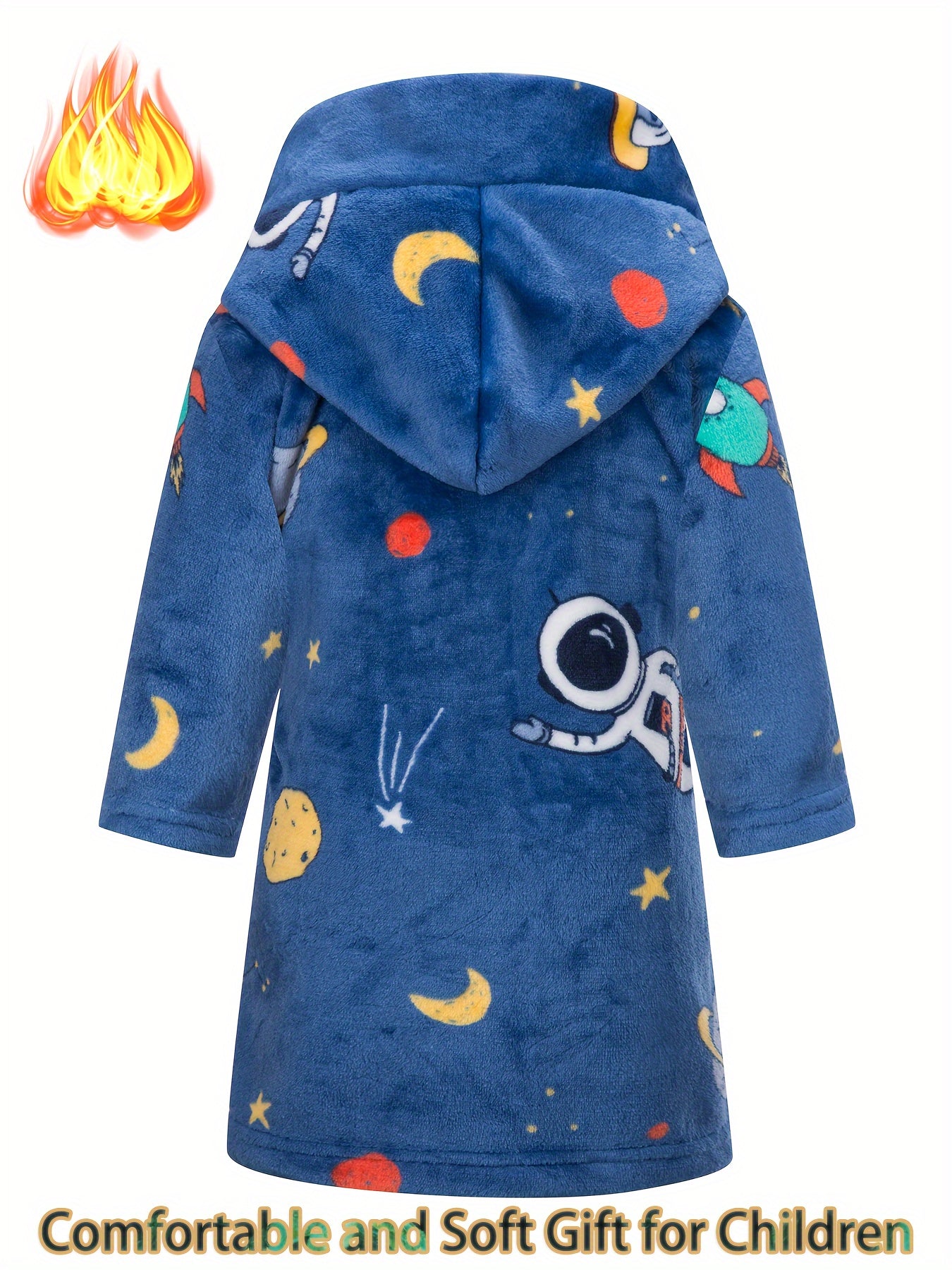 Soft and warm children's space-themed flannel bathrobe with astronaut and planets design, hood, and pockets. Ideal for ages 2-11, fire-resistant material perfect for young space