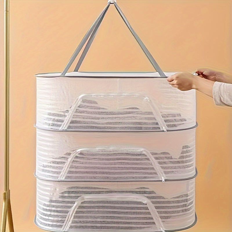 The 3-Tier Collapsible Drying Net is a versatile outdoor basket perfect for drying clothes and foods. It features a zippered design and anti-mosquito mesh pocket, making it ideal for drying shrimp, fish, fruits, vegetables, and herbs. Available in white