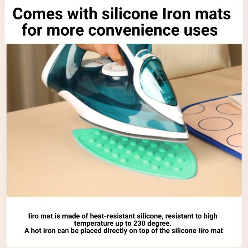 Set of 2 items: Ironing mat and silicone iron rest pad that are foldable and can withstand high temperatures. The ironing mat is 6-layer thick, heat-resistant, waterproof, and has a non-slip surface suitable for both home and travel use. It can also be