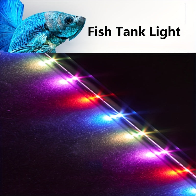 Compact USB-powered LED light strip (17-47cm) for aquariums, featuring vibrant submersible mood lighting with strong suction cups, dual row of beads for colorful illumination, and 110V