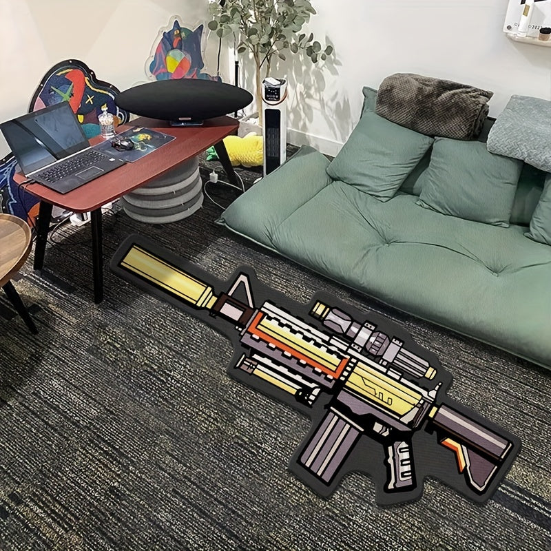 Polyester rug shaped like a cartoon M4A1 rifle; irregular shape, lightweight, non-slip, washable, knit weave, machine-made with rubber backing. Hand wash only, soft and comfortable for living room, bedroom, or bedside use.