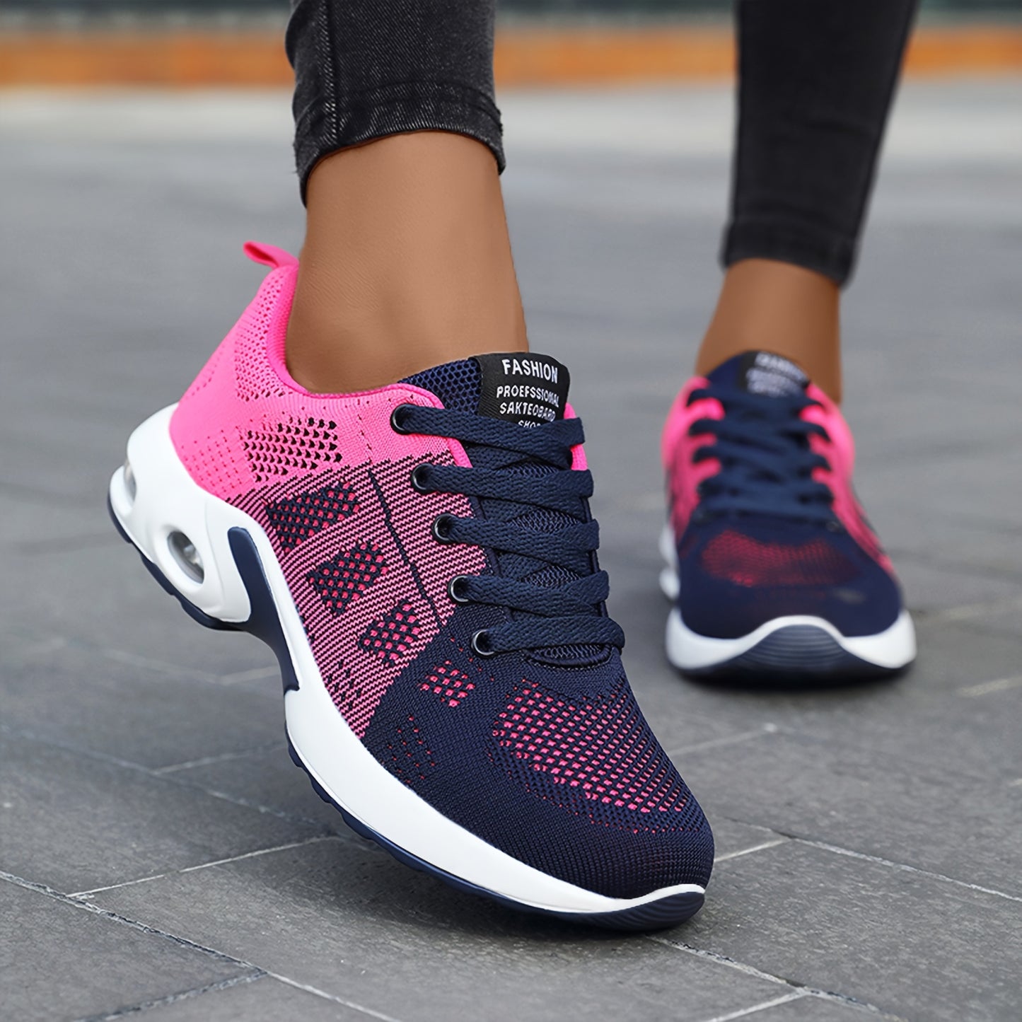 Women's lightweight black knit running shoes with air cushion and mesh upper for all-day comfort and casual wear.