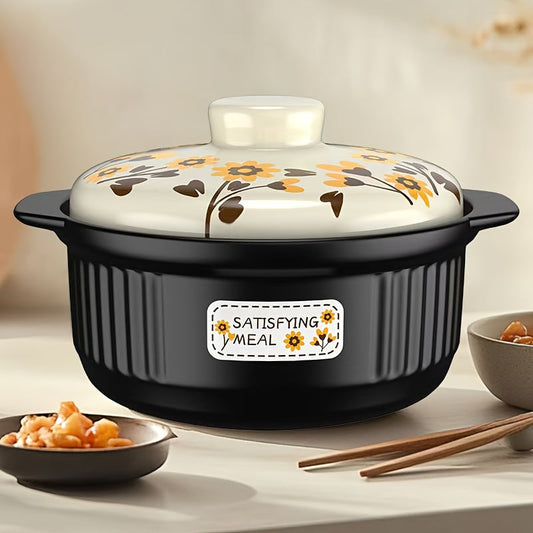 Ceramic casserole dish with sunflower design, 3400ml capacity, round shape, dishwasher safe. Ideal for stew, soups, and other dishes. High temperature resistant, suitable for use on gas stoves. Crack-resistant and explosion-proof.