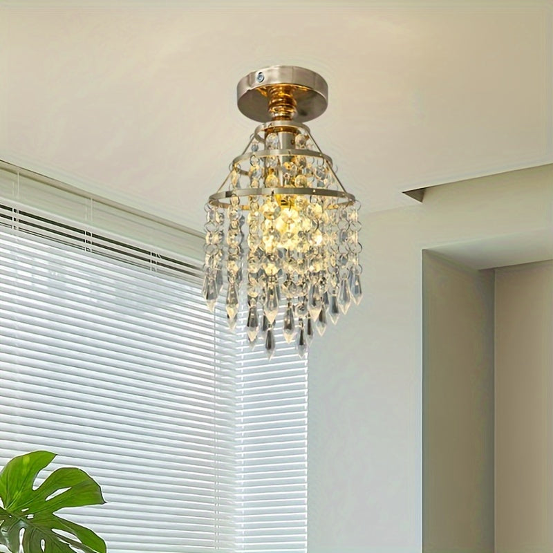 1pc Golden Crystal Chandelier Ceiling Light for E27 Base, Ideal for Bedroom, Balcony, Hallway, Light bulb not included.