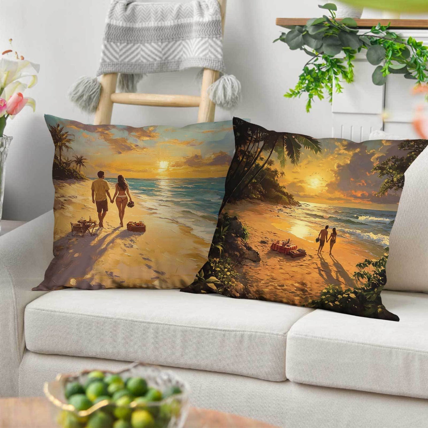 Coastal Sunset Beach Walk Cushion Covers set of 4, featuring a contemporary style with a fantasy theme. Perfect for all seasons, these pillowcases have a zipper closure for easy removal and are machine washable. Made of polyester, they are ideal for