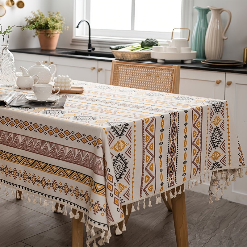 Boho style rectangular tablecloth with tassels - waterproof and oil proof for home decor.