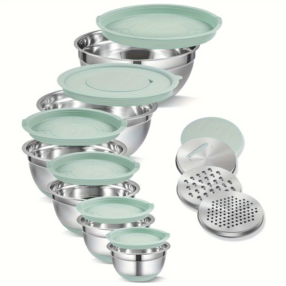 Set of 6 stainless steel mixing bowls with lids and 3 nested graters, featuring non-slip silicone bottoms. Perfect for mixing, cooking, and storing food. Ideal for holidays such as Christmas, Thanksgiving, Easter, and Halloween.