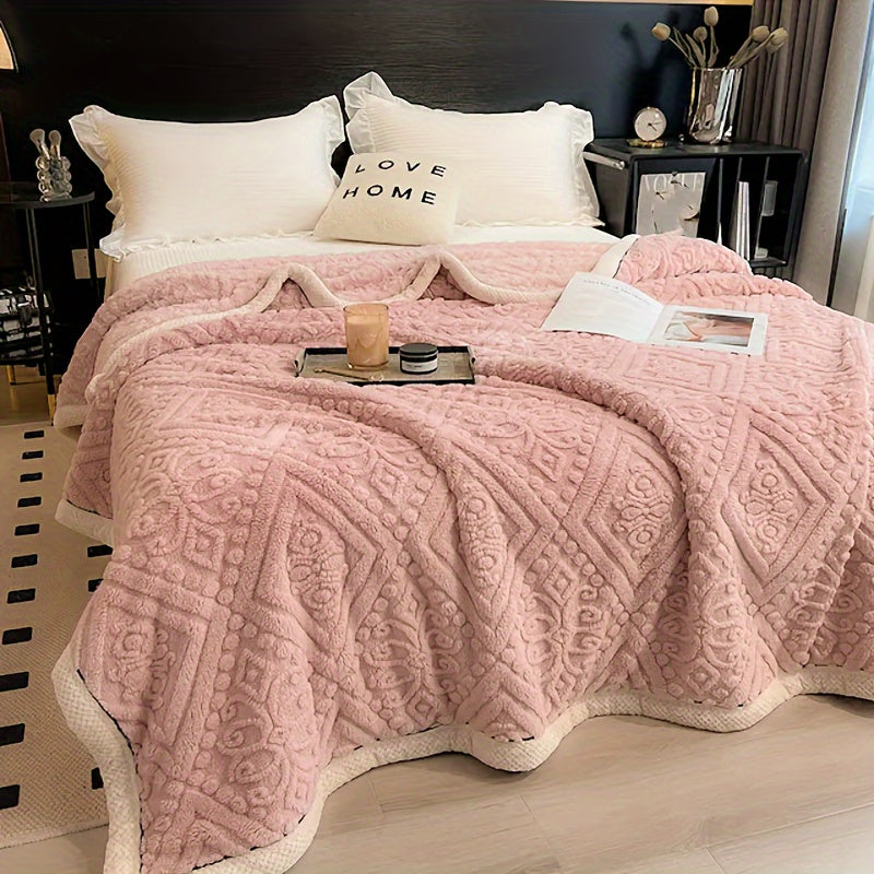 Luxurious Contemporary Carved Velvet Bed Blanket - Thickened Winter Warmth Throw, 350G, Knitted Polyester, All-Season Comforter with Unique Pattern, Machine Washable, Perfect Christmas Gift