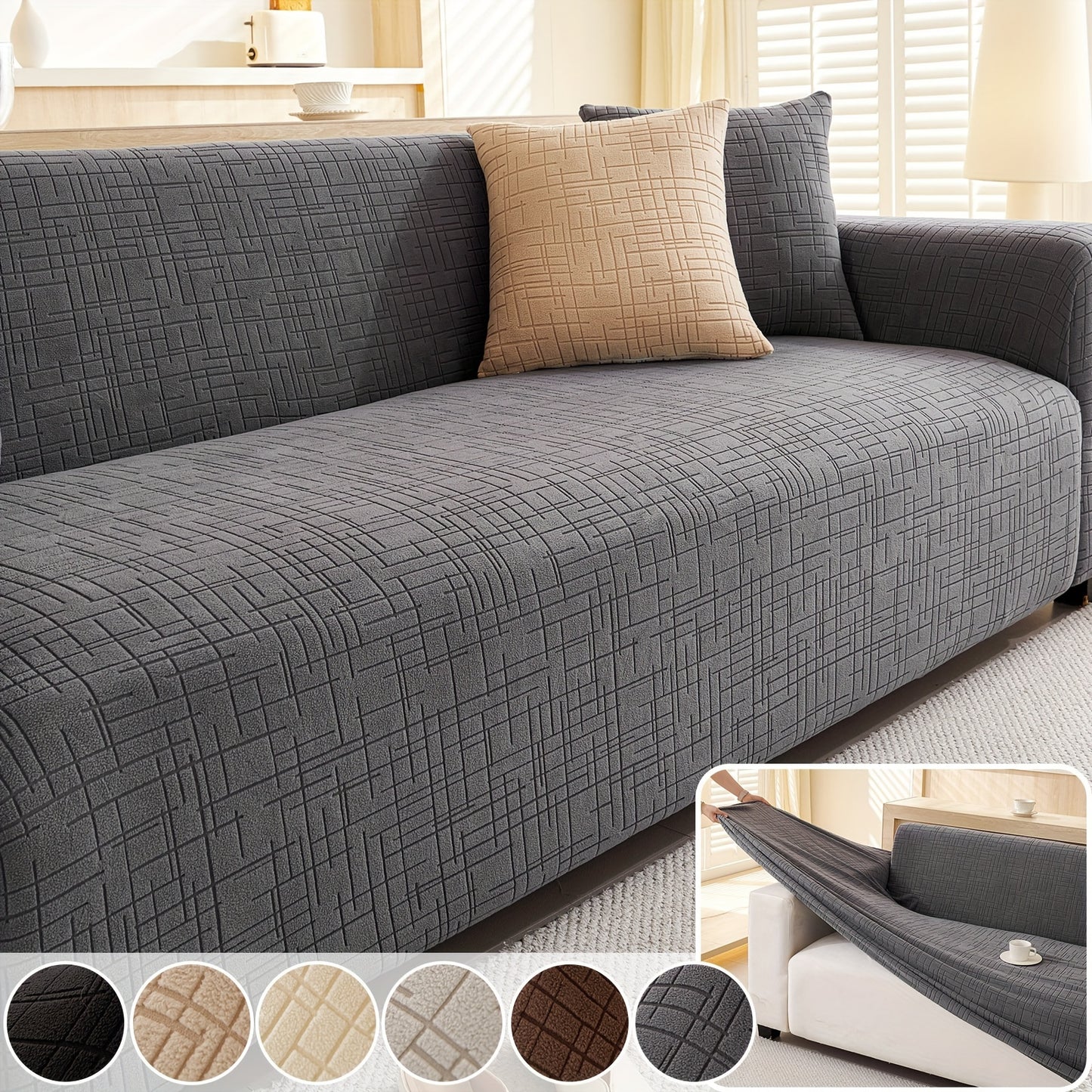 Elastic Fitted Sofa Slipcover made of Polar Fleece Fabric. T-Cushion Design, Machine Washable. Stretch Sofa Cover fits Armchair to 4-Seater Sectional Sofas. Plain Style, No Printing.