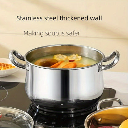 This 5-piece set of Stainless Steel Soup Pots comes with double handles and includes 2 pots, 1 lid, and 2 spoons. It is compatible with both induction cookers and gas stoves, making it perfect for preparing soup, hot pot, noodles, and seafood soup.