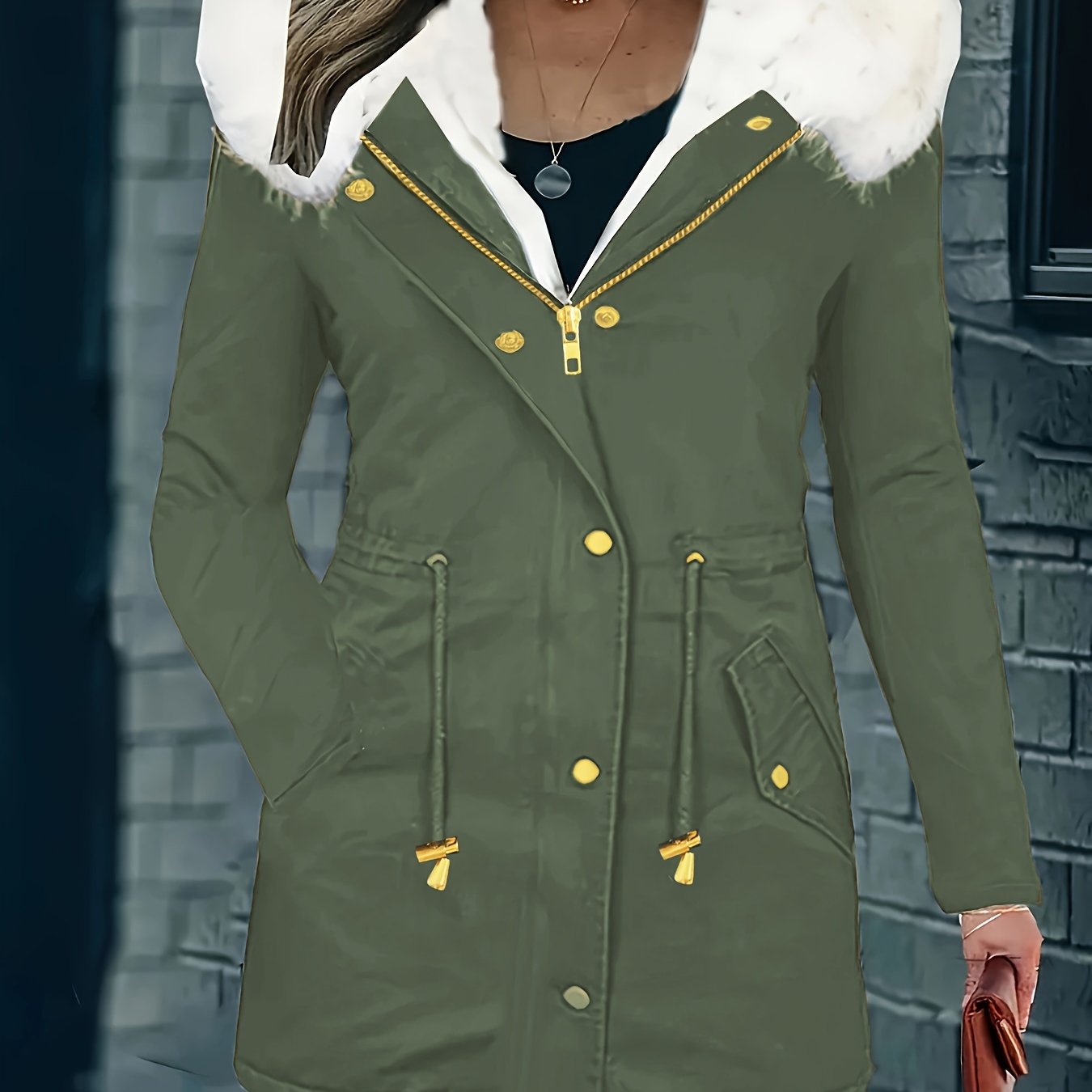 Women's plus size winter coat with fuzzy contrast, drawstring waist, full zipper, warm pockets, and long sleeves.