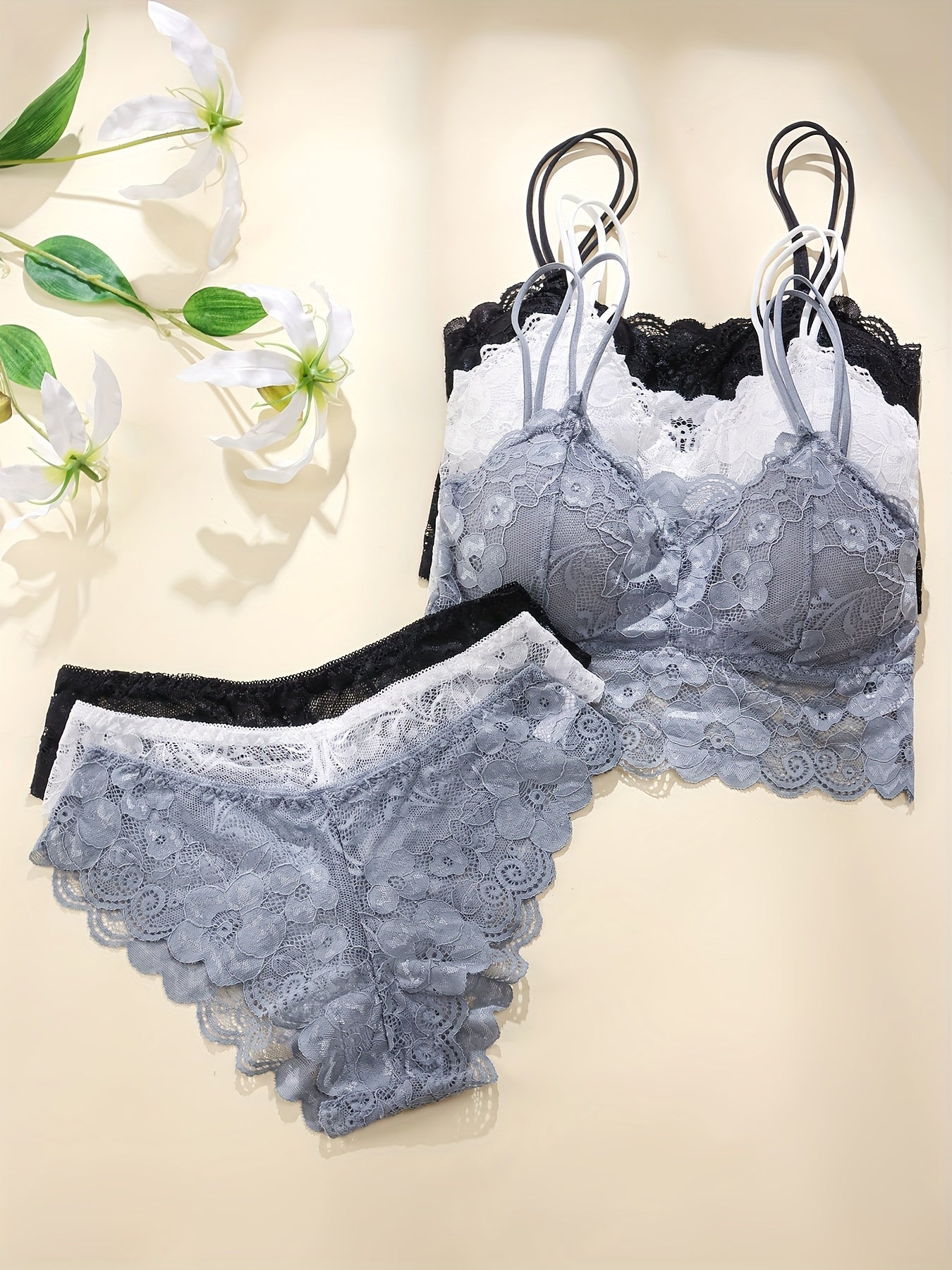 Lace bralette and panty set with removable cups, perfect for teens.