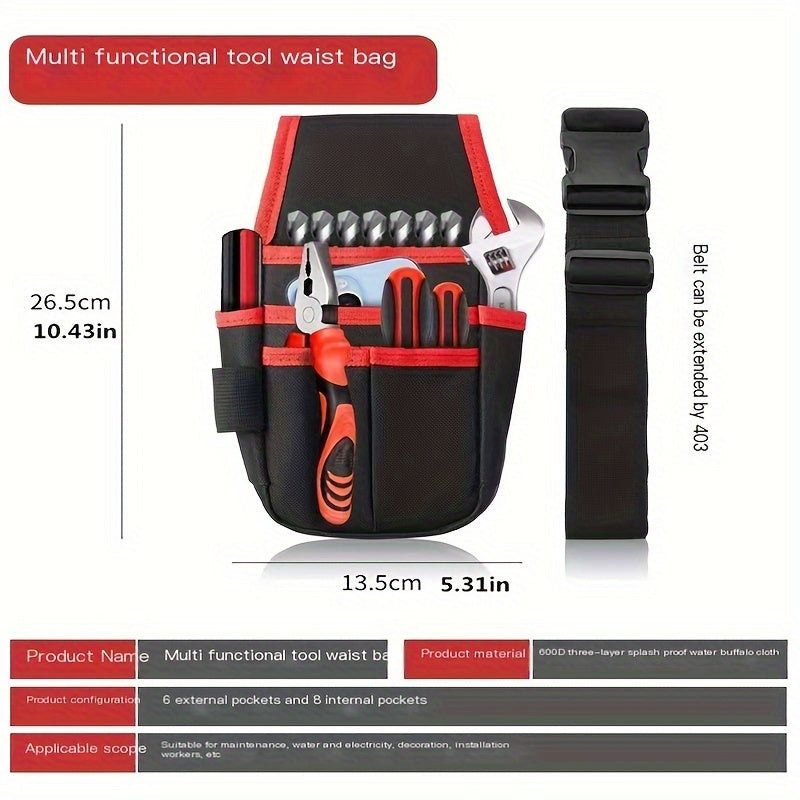Прочный, компактный инструментальный мешок для электриков, изготовленный из прочной оксфордской ткани с утолщенным дизайном. Многофункциональная поясная сумка для ремонта бытовой техники и высотных работ. Оснащен широким