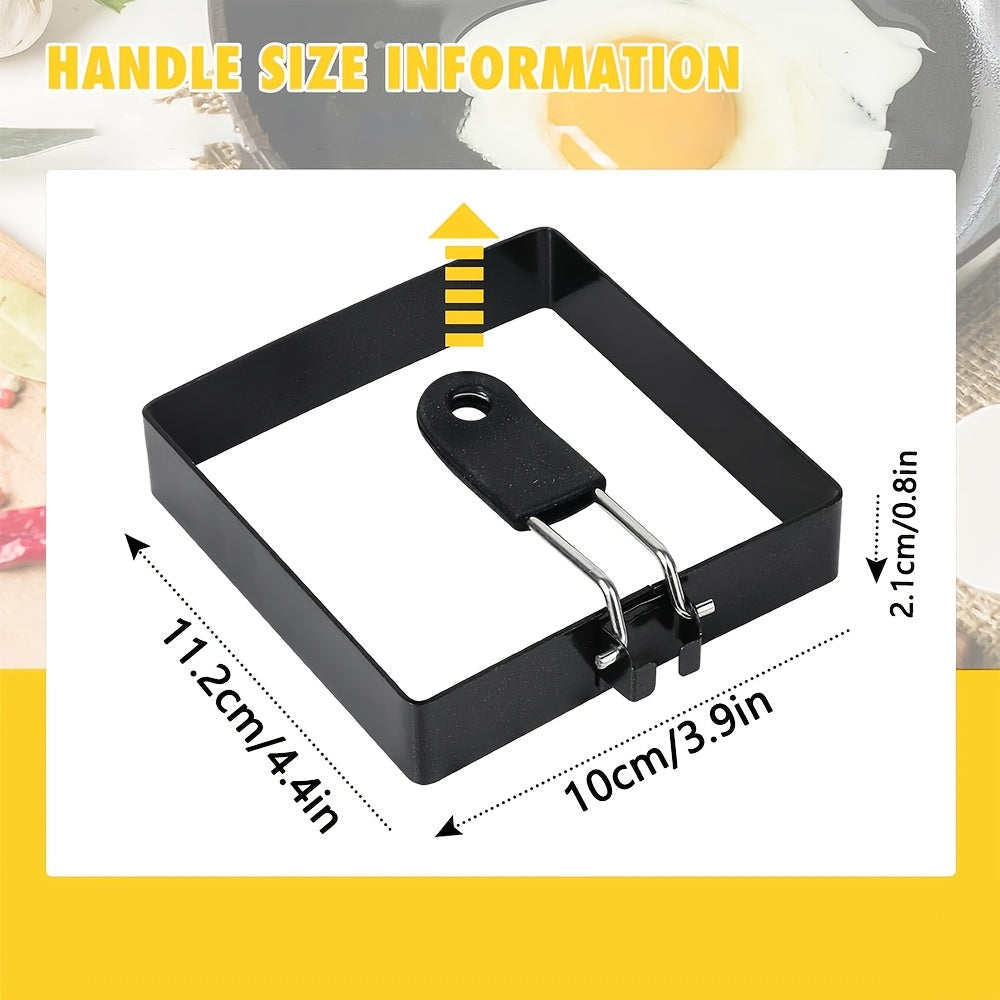 Two pieces of 10.16cm square egg and pancake rings made of non-stick stainless steel, ideal for cooking omelets, muffins, and breakfast sandwiches.