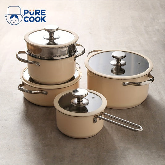 1 piece of PURE COOK Cooking Pots, featuring Glass Lids with Silicone Borders, crafted from high-quality Stainless Steel. Includes optional Sauce Pan, Stock Pot, Casserole, and Steamer Pot in elegant Beige and White color. Compatible with Gas Stove and