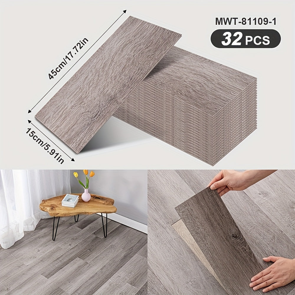 32 peel and paste floor tiles with wood grain design, 45cmx15cm, self-adhesive, waterproof, suitable for bedroom and home decor.