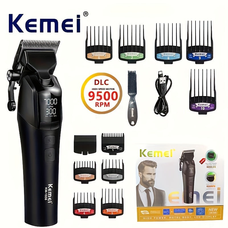 KEMEI Km-1858 DLC Blade Electric Hair Clipper is a professional cordless hair clipper that is USB rechargeable and comes with a light.