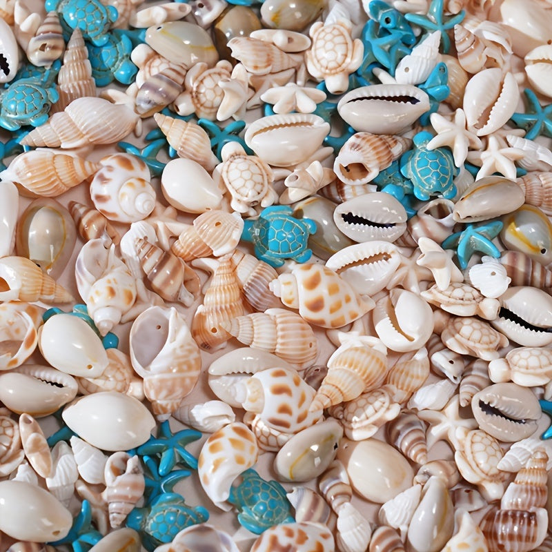 Set of 65 natural shell charms in different sizes for creating your own jewelry, includes shells, starfish, and turtle charms with hand-drilled holes for making bracelets, necklaces, earrings, anklets, and accessories.