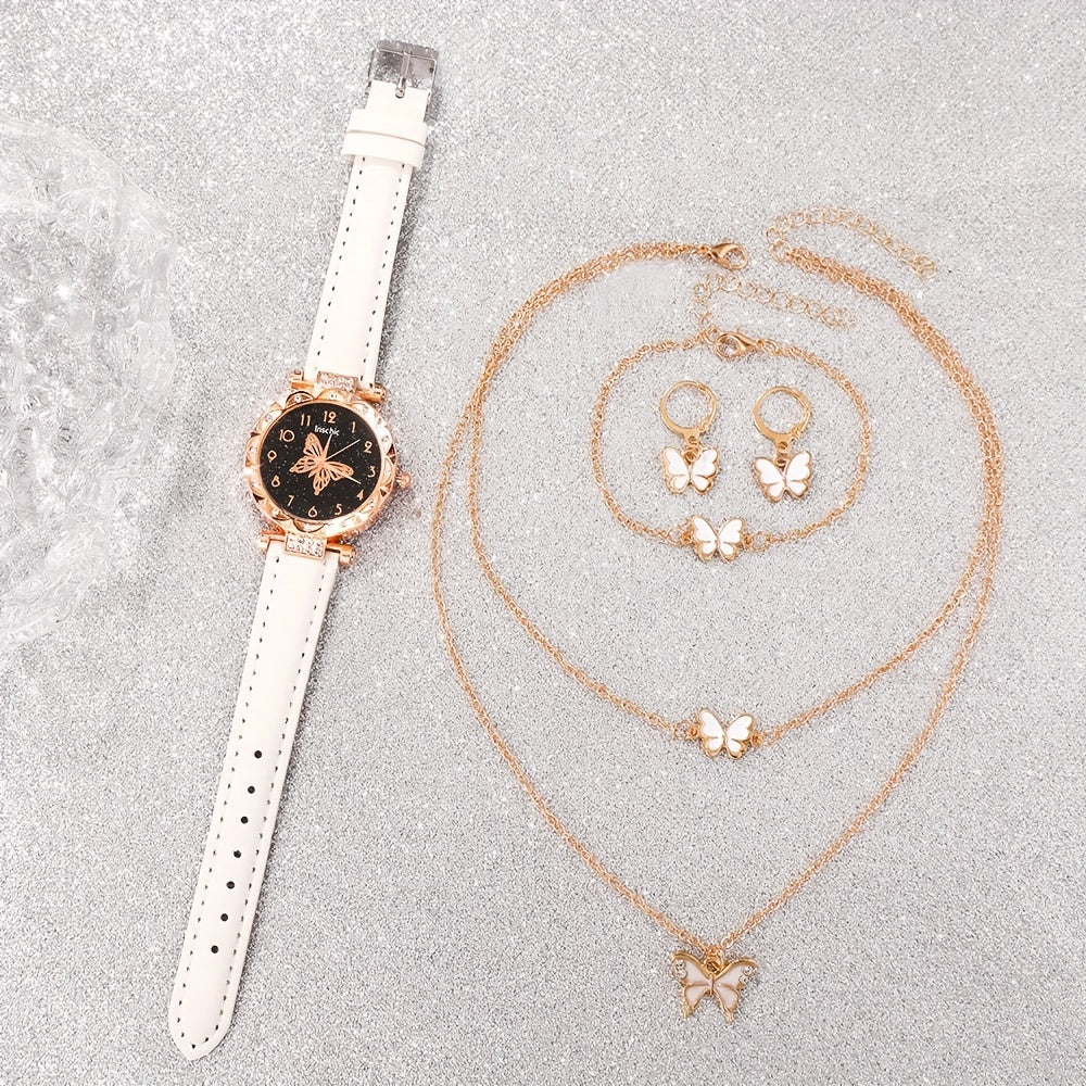 5pcs Women's Quartz Watch Set with Round Dial, PU Leather Strap, Matching Butterfly Pendant Necklace, Bracelet, Earrings. Simple, stylish, and perfect as a gift.