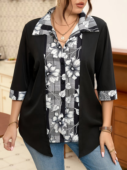 Plus Size Floral Patchwork Shirt with Button Front, 3/4 Sleeve for Spring & Fall. Women's Plus Size Clothing.