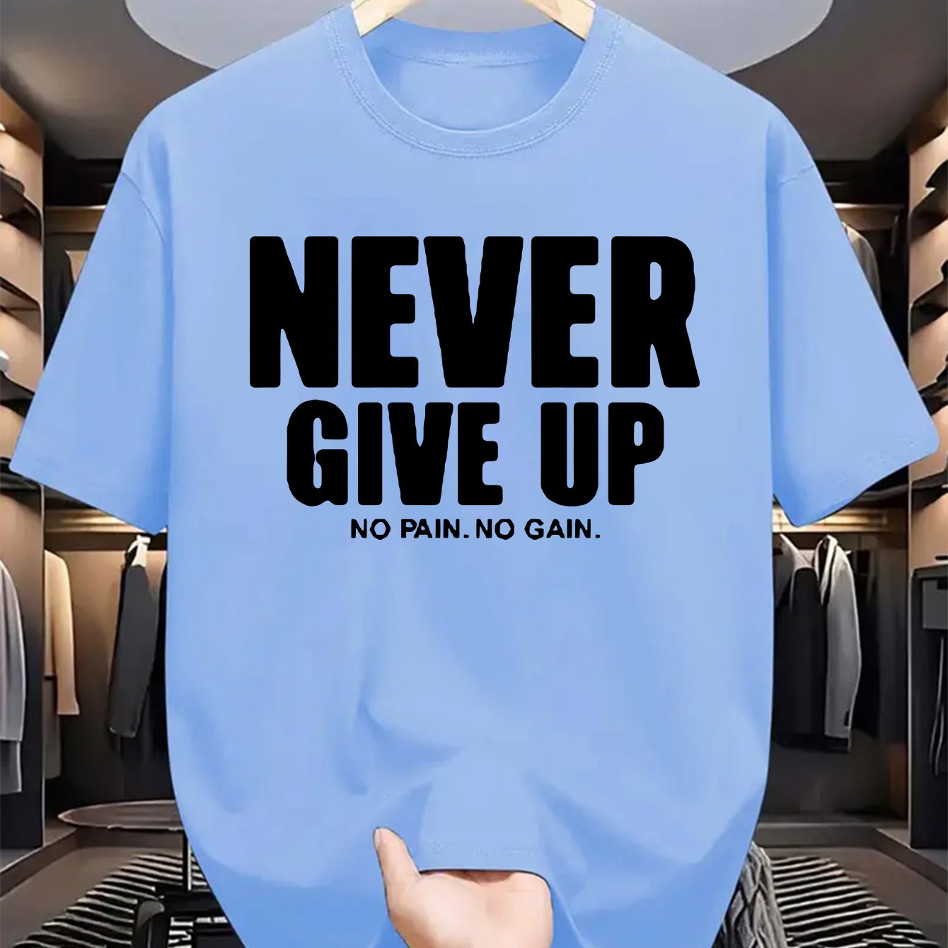 Men's casual crew neck t-shirt with "Never Give Up" print, made of polyester knit fabric with a slight stretch for a regular fit. Perfect for daily wear in summer with short sleeves.