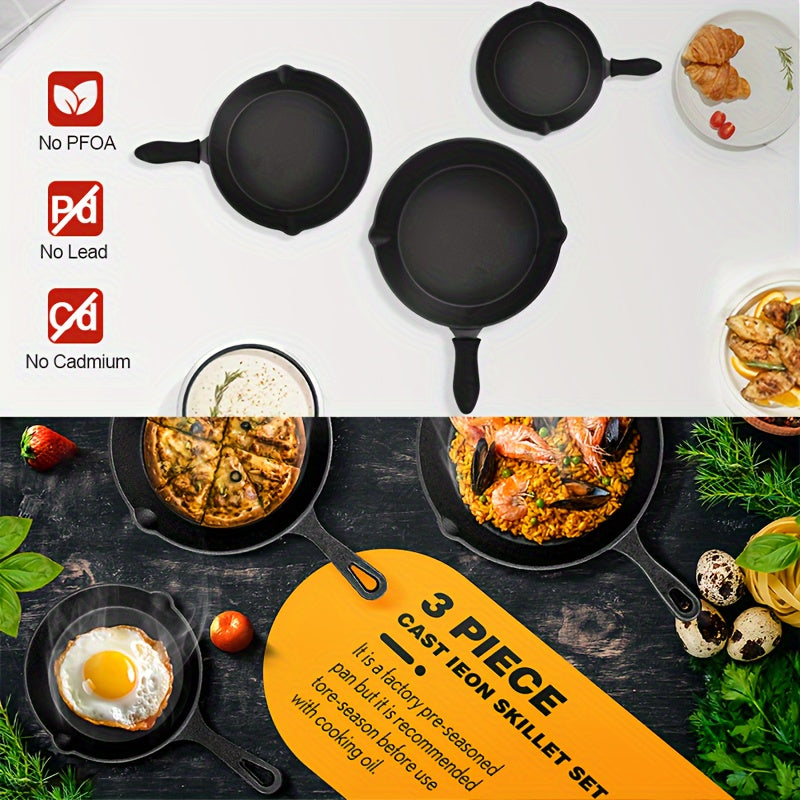 Set of 3 Preseasoned Cast Iron Skillets - Hand Wash Only, Durable Cookware with Heat-Resistant Handles for Frying, Baking, Stir-Frying - Oven Safe, PFOA & Cadmium Free - Sizes: 15.24cm, 20.32cm, 25.4cm